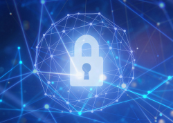 一发光挂锁被互联的线条与点环绕，象征着数字安全与网络防护体系。